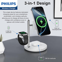 Philips 3 in 1 Reliable Wireless Charger, Qi Qi2 Certified 15W Fast Charging Station with Adjustable Night Light, MagSafe-Compatible Stand for iPhone 17/16/15, Apple Watch, AirPods, Samsung Galaxy