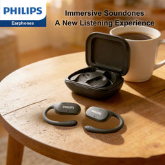 Philips Open-Ear Headphones, Adjustable Ear Hooks, Ultra-Comfort, Snug Fit, Powerful Sound, Clear Calls, IP55, LED Lights, 22H Playtime, Bluetooth 5.4 Earbuds, Multipoint Connection -Black