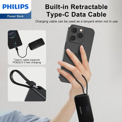 PHILIPS Charging Small Portable Charger Battery Pack Lipstick Like with Digital Display Compatible with iPhone 17/16/15, Samsung, ZTE, Google White,Mini Portable Charger 4900mAh Power Bank USB C v2