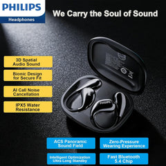 Philips Open‑Ear Bluetooth Earbuds/Earphone/Headphone, Adjustable Ear Hooks, Strong Bass, Clear Calling, LED Effects, IP55 Water Resistance & 36H Battery – Black