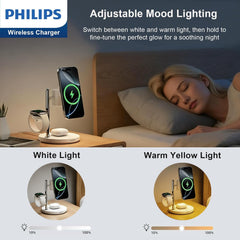 Philips 3 in 1 Reliable Wireless Charger, Qi Qi2 Certified 15W Fast Charging Station with Adjustable Night Light, MagSafe-Compatible Stand for iPhone 17/16/15, Apple Watch, AirPods, Samsung Galaxy