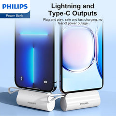 PHILIPS Charging Small Portable Charger Battery Pack Lipstick Like with Digital Display Compatible with iPhone 17/16/15, Samsung, ZTE, Google White,Mini Portable Charger 4900mAh Power Bank USB C v2