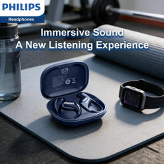 Philips Open‑Ear Bluetooth Earbuds/Earphone/Headphone, Adjustable Ear Hooks, Strong Bass, Clear Calling, LED Effects, IP55 Water Resistance & 36H Battery – Dark Blue