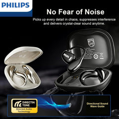 Philips Open‑Ear Bluetooth Earbuds/Earphone/Headphone, Adjustable Ear Hooks, Strong Bass, Clear Calling, LED Effects, IP55 Water Resistance & 36H Battery – Gold