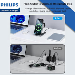 PHILIPS Compatible with qi/qi2 Magsafe Charger 3 in 1 Wireless Charging Station Portable Foldable Travel Charger Pad Magsafe Charging Stand for Apple Multiple Devices Fits iPhone 17 16 iWatch AirPods