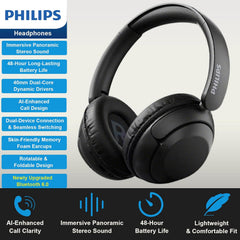 Philips TAH1120 Lightweight On-Ear Wireless Bluetooth Headphones with Passive Noise Isolation - up to 55 Hours Playtime, Clear Calls, Dynamic Bass, 2 Hours USB-C Charging - Black