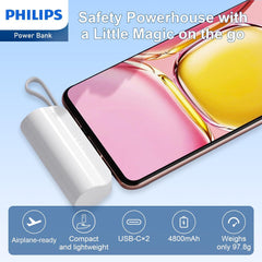 PHILIPS Charging Small Portable Charger Battery Pack Lipstick Like with Digital Display Compatible with iPhone 17/16/15, Samsung, ZTE, Google White,Mini Portable Charger 4900mAh Power Bank USB C v2