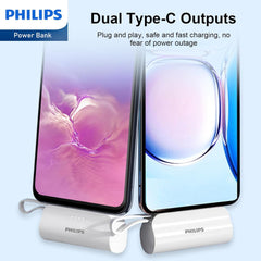 PHILIPS Charging Small Portable Charger Battery Pack Lipstick Like with Digital Display Compatible with iPhone 17/16/15, Samsung, ZTE, Google White,Mini Portable Charger 4900mAh Power Bank USB C v2