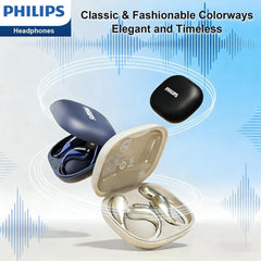 Philips Open‑Ear Bluetooth Earbuds/Earphone/Headphone, Adjustable Ear Hooks, Strong Bass, Clear Calling, LED Effects, IP55 Water Resistance & 36H Battery – Gold