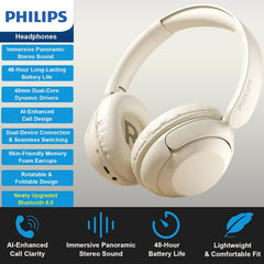 Philips TAH1120 Lightweight On-Ear Wireless Bluetooth Headphones with Passive Noise Isolation - up to 55 Hours Playtime, Clear Calls, Dynamic Bass, 2 Hours USB-C Charging - Beige