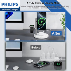 Philips 3 in 1 Reliable Wireless Charger, Qi Qi2 Certified 15W Fast Charging Station with Adjustable Night Light, MagSafe-Compatible Stand for iPhone 17/16/15, Apple Watch, AirPods, Samsung Galaxy