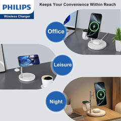 Philips 3 in 1 Reliable Wireless Charger, Qi Qi2 Certified 15W Fast Charging Station with Adjustable Night Light, MagSafe-Compatible Stand for iPhone 17/16/15, Apple Watch, AirPods, Samsung Galaxy