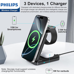 PHILIPS Compatible with qi/qi2 Magsafe Charger 3 in 1 Wireless Charging Station Portable Foldable Travel Charger Pad Magsafe Charging Stand for Apple Multiple Devices Fits iPhone 17 16 iWatch AirPods