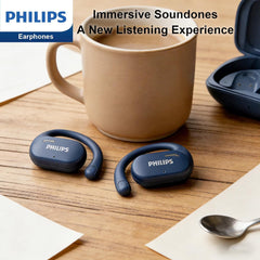 Philips Open-Ear Headphones, Adjustable Ear Hooks, Ultra-Comfort, Snug Fit, Powerful Sound, Clear Calls, IP55, LED Lights, 22H Playtime, Bluetooth 5.4 Earbuds, Multipoint Connection -White