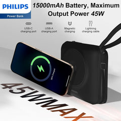PHILIPS Power Bank Wireless| 15000mAh Powerbank Built-in Cable 5 in 1 Portable Battery Pack, Magnetic Universal Travel Fast Charging Adapter (UK,EU,AU) Compatible with MagSafe iPhone,Airpod, iwatch