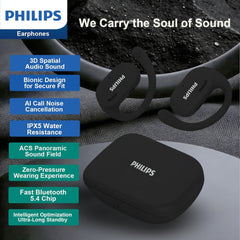 Philips Open-Ear Headphones, Adjustable Ear Hooks, Ultra-Comfort, Snug Fit, Powerful Sound, Clear Calls, IP55, LED Lights, 22H Playtime, Bluetooth 5.4 Earbuds, Multipoint Connection -Black