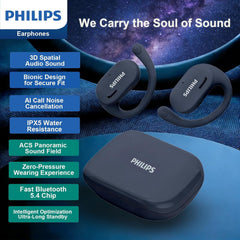 Philips Open-Ear Headphones, Adjustable Ear Hooks, Ultra-Comfort, Snug Fit, Powerful Sound, Clear Calls, IP55, LED Lights, 22H Playtime, Bluetooth 5.4 Earbuds, Multipoint Connection -Blue