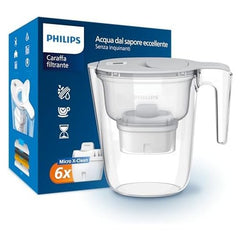 Philips Water Filter Jug +6 Micro X-Clean Replacement Filter Cartridges, Fast Flow, White, 2.6 litres, Electronic Timer, Packaging May Vary