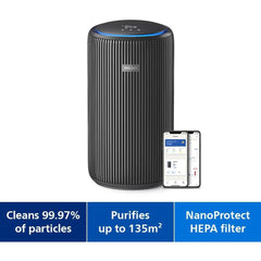 Philips Air Purifier 3200 Series, HEPA NanoProtect + Active Carbon Filter, CADR 520m³/h for 135m² Allergy sufferers, Ultra-quiet, Intelligent and Energy efficient, Black (AC3221/13)