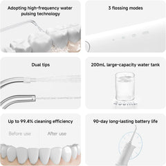 Xiaomi Water Flosser 2-90 Day Battery Life, 3 Cleaning Modes, 200 ml Water Tank, IPX7, Deep Cleaning, USB Charging, Includes Standard & Ortho Nozzle