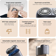Xiaomi Electric Shaver S200, Compact Smart Sensor Dual Track Curved Foil Detachable Magnetic Head IPX7 Fully Waterproof(Gray)