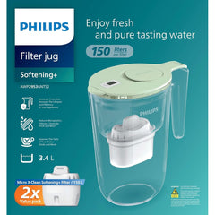Philips Water Filter Jug Value Pack 3.4L, Green flip-top lid, Timer, incl 2X Filter AWP230 (150L Softening+)