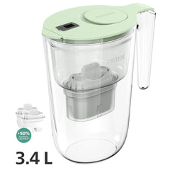Philips Water Filter Jug Value Pack 3.4L, Green flip-top lid, Timer, incl 2X Filter AWP230 (150L Softening+)