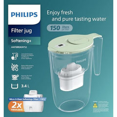 Philips Water Filter Jug Value Pack 3.4L, Green flip-top lid, Timer, incl 2X Filter AWP230 (150L Softening+)