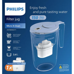 Philips Micro X-Clean Filtration Water Jug, 3.4L Jug, 150L per Filter, Digital Timer, Blue, AWP2953BLTP1/79