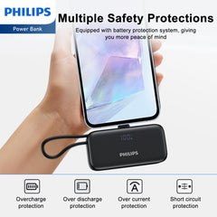 Philips V2 Mini Portable Charger with Cable, 4900mAh Power Bank Small Battery Pack Charger Compatible with iPhone 16/15, Samsung Galaxy, LG DLP2558CB