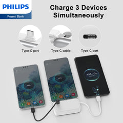 Philips V2 Mini Portable Charger with Cable, 4900mAh Power Bank Small Battery Pack Charger Compatible with iPhone 16/15, Samsung Galaxy, LG DLP2558CB