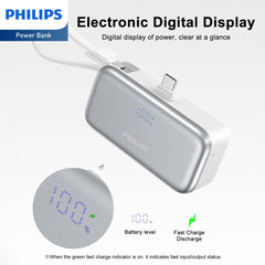 Philips V2 Mini Portable Charger with Cable, 4900mAh Power Bank Small Battery Pack Charger Compatible with iPhone 16/15, Samsung Galaxy, LG DLP2558CB