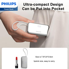 Philips V2 Mini Portable Charger with Cable, 4900mAh Power Bank Small Battery Pack Charger Compatible with iPhone 16/15, Samsung Galaxy, LG DLP2558CB