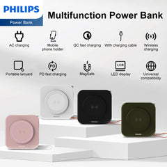 PHILIPS 5 in 1 Power Bank Wireless 10000mAh 20W Travel Charger with USB C Cable and AU, EU, UK Adapters