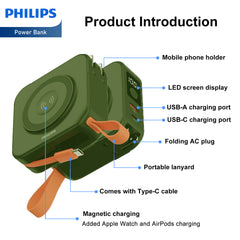 PHILIPS 5 in 1 Power Bank Wireless 10000mAh 20W Travel Charger with USB C Cable and AU, EU, UK Adapters