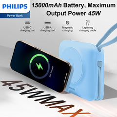 PHILIPS Power Bank Wireless| 15000mAh Powerbank Built-in Cable 5 in 1 Portable Battery Pack, Magnetic Universal Travel Fast Charging Adapter (UK,EU,AU) Compatible with MagSafe iPhone,Airpod, iwatch