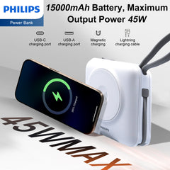 PHILIPS Power Bank Wireless| 15000mAh Powerbank Built-in Cable 5 in 1 Portable Battery Pack, Magnetic Universal Travel Fast Charging Adapter (UK,EU,AU) Compatible with MagSafe iPhone,Airpod, iwatch