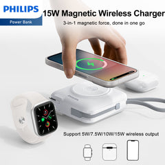 PHILIPS Power Bank Wireless| 15000mAh Powerbank Built-in Cable 5 in 1 Portable Battery Pack, Magnetic Universal Travel Fast Charging Adapter (UK,EU,AU) Compatible with MagSafe iPhone,Airpod, iwatch