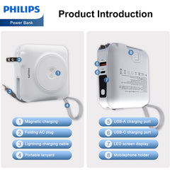 PHILIPS Power Bank Wireless| 15000mAh Powerbank Built-in Cable 5 in 1 Portable Battery Pack, Magnetic Universal Travel Fast Charging Adapter (UK,EU,AU) Compatible with MagSafe iPhone,Airpod, iwatch