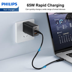 Philips 65W Black GaN Power Adapter Wall Charger Plug (2 x PD + 1 USB A) DLP6345CB