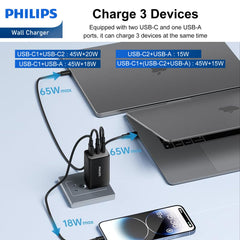 Philips 65W Black GaN Power Adapter Wall Charger Plug (2 x PD + 1 USB A) DLP6345CB