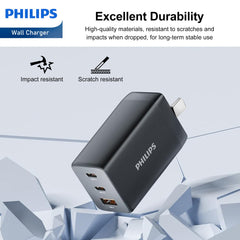 Philips 65W Black GaN Power Adapter Wall Charger Plug (2 x PD + 1 USB A) DLP6345CB