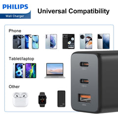 Philips 65W Black GaN Power Adapter Wall Charger Plug (2 x PD + 1 USB A) DLP6345CB