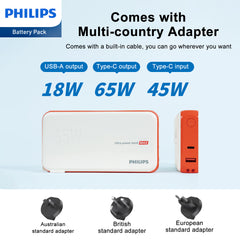 Philips 65W 5 in 1 Multi-function Mobile Power Supply with AC and USB-C Dual Charging | Free Adapter*3 | Comes with USB-C Cable DLP6350CW