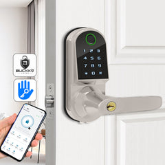 Buckko Locks S210 Smart Door Lock, Lever Handle with PIN Code, RFID Card, App and Key, Silver