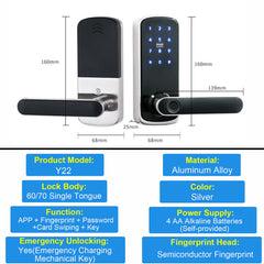 Buckko Locks Y22 Smart Lever Lock, Fingerprint, PIN Code, RFID Card, App and Key, Silver