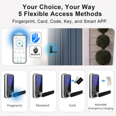 Buckko Locks Y22 Smart Lever Lock, Fingerprint, PIN Code, RFID Card, App and Key, Silver