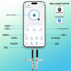 Buckko Locks BBA-001T-H Smart Lever Lock, Backlit Keypad, Fingerprint, Code, Card, App and Key, Silver