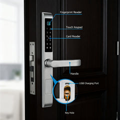 Buckko Locks BBA-001T-H Smart Lever Lock, Backlit Keypad, Fingerprint, Code, Card, App and Key, Silver