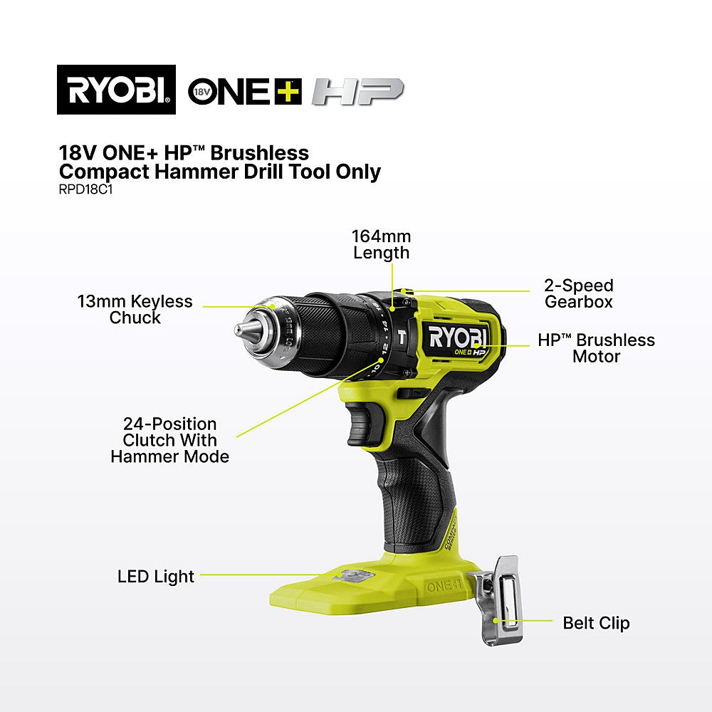 Ryobi 18V ONE+ HP Brushless Compact Hammer Drill 4Ah Kit & LINK Organiser - image 2